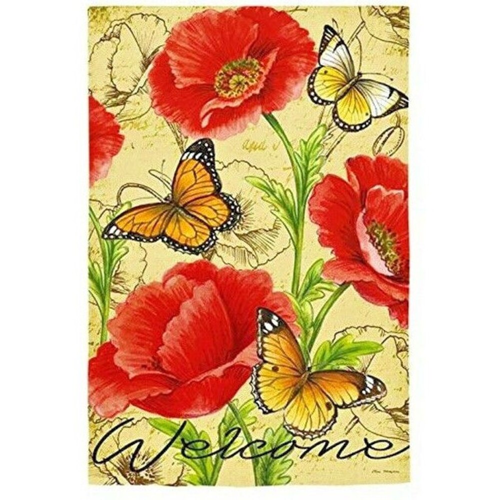 Evergreen Welcome Yard Flag Bright Florals Butterflies Double Sided Summer 12x18